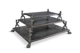 AN INDIAN HARDWOOD AND BRONZE MOUNTED THREE TIER OCCASIONAL TABLE, each graduated rectangular