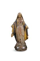 A POLYCHROME CARVED WOOD FIGURE OF A STANDING MADONNA, PROBABLY SPANISH COLONIAL, 18TH CENTURY