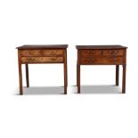 A PAIR OF GEORGE III MAHOGANY RECTANGULAR LOWBOYS, the overhanging tops with moulded rim, above