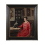 EVA HENRIETTA HAMILTON (1876-1960) Portrait of a seated Lady in a red dress with her dog Oil on