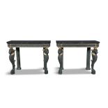 A PAIR OF GEORGE IV STYLE GREEN PAINTED AND PARCEL GILT MARBLE TOP SIDE TABLES, the black marble