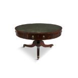 A GEORGE III MAHOGANY CIRCULAR DRUM TABLE, C.1800, with inset tooled green leather scriber, the