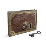 AN IRISH MAHOGANY AND BRASS MOUNTED DOOR LOCK AND PLATE, C.1800 with original key. 35.5 x 27.5cm