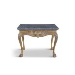 A 19TH CENTURY GILTWOOD MARBLE TOPPED SIDE TABLE WITH CARVED SHELL APRON, the moulded rectangular