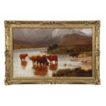 STEPHEN E. HOGLEY (1842-1927) 'Cattle Watering in a Highland Lake Landscape at Evening' Oil on