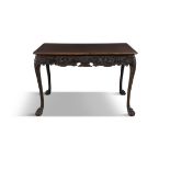 A GEORGE III MAHOGANY RECTANGULAR CENTRE TABLE, the top with thumb moulded rim, above a continuous