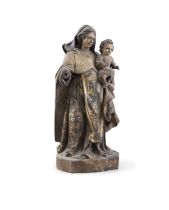 A 16TH/17TH CENTURY CARVED WOOD MODEL OF THE MADONNA AND CHILD, retaining much of its polychrome