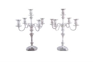 A PAIR OF QUEEN ANNE STYLE FIVE LIGHT SILVER CANDELABRA, SHEFFIELD 1970 mark of Robert & Belk,