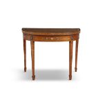 A GEORGE III SATINWOOD AND PAINTED CARD TABLE IN THE MANNER OF GEORGE SEDDON, the folding top