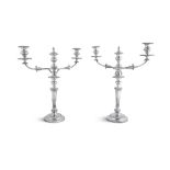 ***WITHDRAWN*** A PAIR OF SHEFFIELD PLATED THREE-LIGHT CANDELABRA, 19TH CENTURY, the detachable