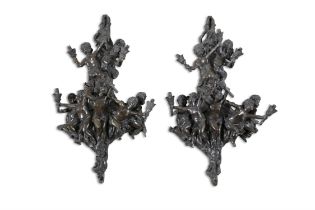 A PAIR OF FRENCH BRONZE SEVEN-LIGHT FIGURAL WALL SCONCES, in the Renaissance style, formed as