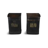A PAIR OF TOLEWARE TEA BINS, with hinged wooden lids, decorated in gilt, on painted black, by