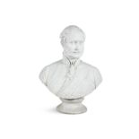 A BISQUE PARIAN BUST OF PRINCE ALBERT, in decorated tunic with collar and sash, raised on base,