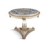 AN EARLY 19TH CENTURY PAINTED, GILTWOOD AND INLAID MARBLE TOPPED CIRCULAR TABLE, IN THE MANNER OF