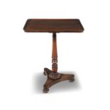 A WILLIAM IV ROSEWOOD OCCASIONAL TABLE, the rectangular tray top, raised on demi-fluted turned