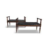 A PAIR OF GEORGE IV MAHOGANY FRAMED HALL SEATS, the long rectangular seats, with raised turned