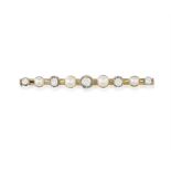 A DIAMOND AND CULTURED PEARL BAR BROOCH Set alternately with four cultured pearls and five