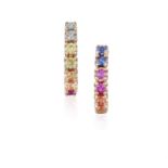 A PAIR OF 18CT GOLD, VARI-COLOURED SAPPHIRE AND RUBY HOOPS Comprised of round,