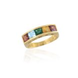 AN 18CT GOLD, VARI-COLOURED, GEMSET RING With five, step-cut gemstones including inter alia,