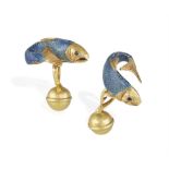 A PAIR OF 18CT GOLD, SAPPHIRE AND BLUE ENAMEL CUFFLINKS AND A COLLAR STUD BY TIFFANY & CO