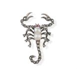 A MID-20TH CENTURY, 18CT GOLD AND SILVER SCORPION BROOCH The thorax set with a cultured,