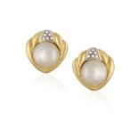 A PAIR OF 18CT GOLD, CULTURED PEARL AND DIAMOND EAR CLIPS BY BUCHERER Cartouche-shaped,