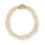 A MULTI-STRAND, FRESHWATER PEARL NECKLACE The 18ct gold clasp and frontispiece set with an oval,