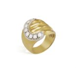 AN 18CT GOLD DIAMOND RING Of buckle design, set with round, brilliant-cut diamonds,