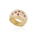 A RUBY AND DIAMOND RING Of bombe form, set with round, brilliant-cut diamonds and round,