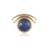 A 14CT GOLD, LAPIS LAZULI PENDANT/ BROOCH Of circular design, with scrolled surmount,