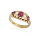 A RUBY AND DIAMOND FIVE-STONE RING Set with synthetic round and oval mixed-cut rubies and round,
