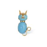 A NOVELTY, TURQUOISE CAT BROOCH Composed of two cabochon-cut turquoises, the mount designed as a