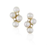 A PAIR OF 18CT GOLD, CULTURED PEARL AND DIAMOND EARRINGS Of undulating design,