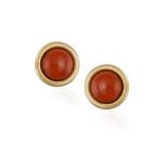 A PAIR OF 18CT GOLD, CORAL EAR CLIPS Of circular form set with round, cabochon-cut coral,