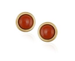 A PAIR OF 18CT GOLD, CORAL EAR CLIPS Of circular form set with round, cabochon-cut coral,