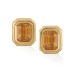 A PAIR OF 18CT GOLD, CITRINE EARRINGS The octagonal, step-cut citrines with stepped mount and