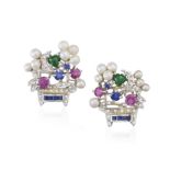 A PAIR OF 18CT GOLD, DIAMOND, SAPPHIRE, RUBY, EMERALD AND CULTURED PEARL EAR CLIPS Of