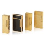 FOUR LIGHTERS Including two textured, gold-plated lighters by Dunhill; one textured gold-plated