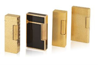FOUR LIGHTERS Including two textured, gold-plated lighters by Dunhill; one textured gold-plated