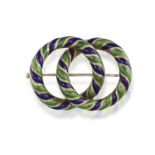 AN 18CT GOLD, ENAMEL BROOCH Of interlocking design, applied with blue and green enamel,