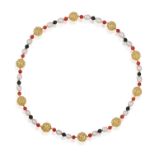 A CULTURED, FRESHWATER PEARL, ONYX AND CORAL BEAD NECKLACE With openwork, spherical spacers,