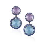 A PAIR OF 14CT GOLD, BLUE TOPAZ, AMETHYST, SAPPHIRE AND DIAMOND DROP EARRINGS The