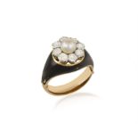 AN 18CT GOLD, BLACK ENAMEL, DIAMOND AND PEARL CLUSTER RING The pearl bordered by old-cut