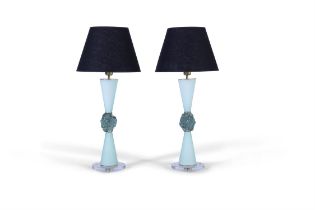 TABLE LAMPS A pair of glass table lamps with brass detailing. Italy. 72cm(h)
