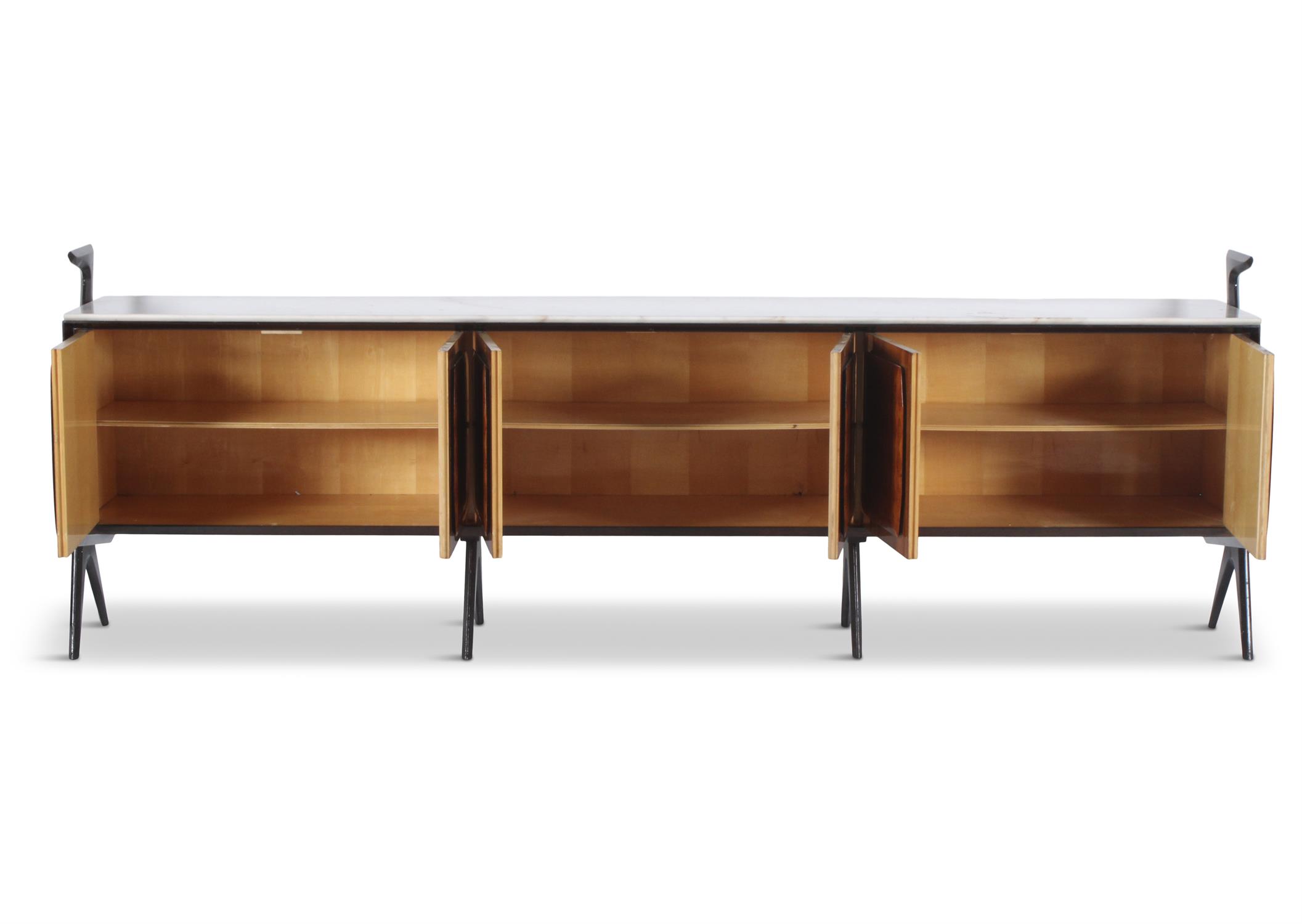 DASSI A Vittorio Dassi rosewood sideboard with maple interior and marble top on ebonised splayed - Image 3 of 7
