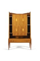 DRINKS CABINET A rosewood drinks cabinet with satinwood inlays, maple interior with glass shelves