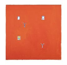 RIDUAN TOMKINS (1941 - 2009) Untitled - Four Figures on Red (1976) Oil on canvas on board,