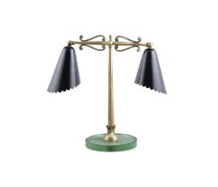 TABLE LAMP A twin-light table lamp in the style of Fontana Arte. Brass stem with enamel shades on