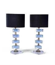 TABLE LAMPS A pair of glass table lamps with brass detailing. Murano, Italy. 75.5cm(h)