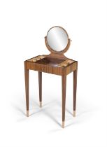 VANITY TABLE A walnut and maple vanity table with circular mirror. French, 57 x 34 x 119.5cm(h)